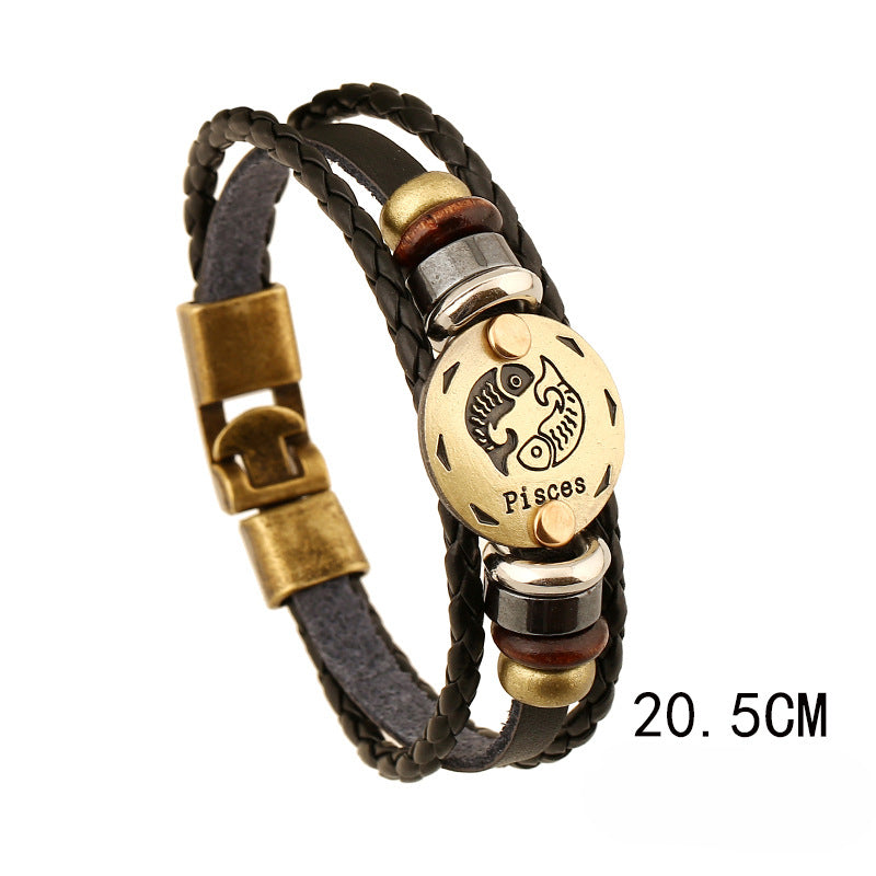 Wholesale Vintage 12 Zodiac Cowhide Multi-layer Bracelets